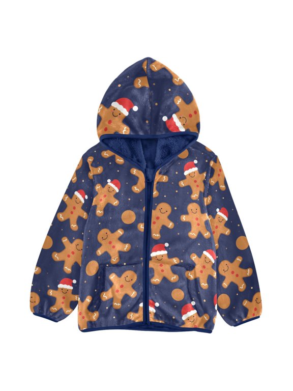BZSMCE Double-Sided Sherpa Fleece Hooded Zipper Jacket Christmas Hat Wearing Gingerbread Man Pattern Pattern Batik Dye Method Print Warm Outerwear