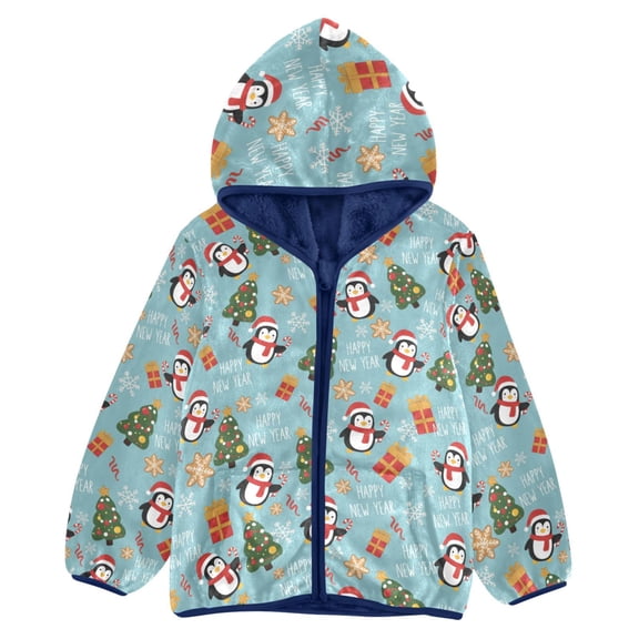 BZSMCE Double-Sided Sherpa Fleece Hooded Zipper Jacket Christmas Penguin Pattern Pattern Batik Dye Method Print Warm Outerwear
