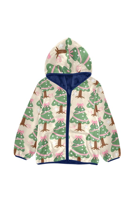 BZSMCE Double-Sided Sherpa Fleece Hooded Zipper Jacket Christmas Pine Bow Pattern Pattern Batik Dye Method Print Warm Outerwear