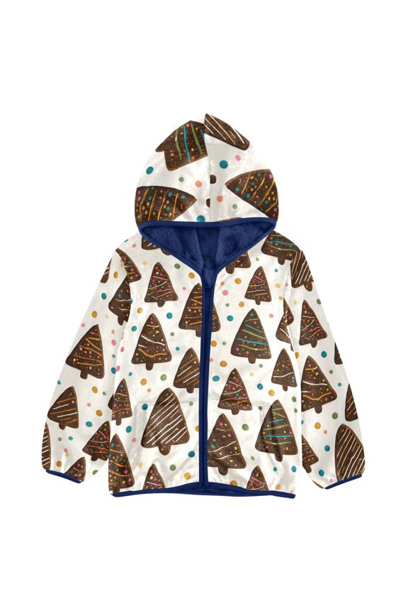 BZSMCE Double-Sided Sherpa Fleece Hooded Zipper Jacket Christmas Tree Chocolate Cookies Pattern Pattern Batik Dye Method Print Warm Outerwear