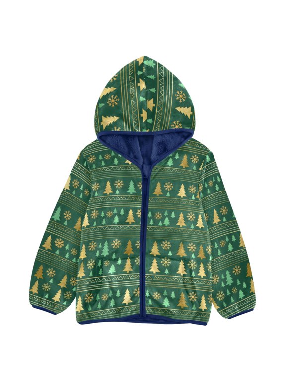 BZSMCE Double-Sided Sherpa Fleece Hooded Zipper Jacket Christmas Tree Snowflakes Pattern Pattern Batik Dye Method Print Warm Outerwear
