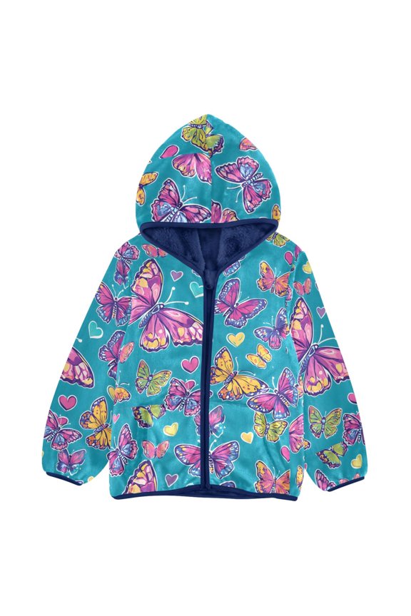 BZSMCE Double-Sided Sherpa Fleece Hooded Zipper Jacket Colorful Butterfly Love Pattern Pattern Batik Dye Method Print Warm Outerwear