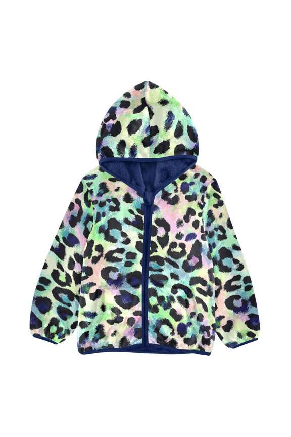 BZSMCE Double-Sided Sherpa Fleece Hooded Zipper Jacket Colorful Leopard Pattern Pattern Batik Dye Method Print Warm Outerwear