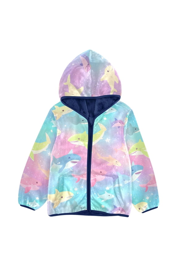 BZSMCE Double-Sided Sherpa Fleece Hooded Zipper Jacket Colorful Sharks Pattern Batik Dye Method Print Warm Outerwear