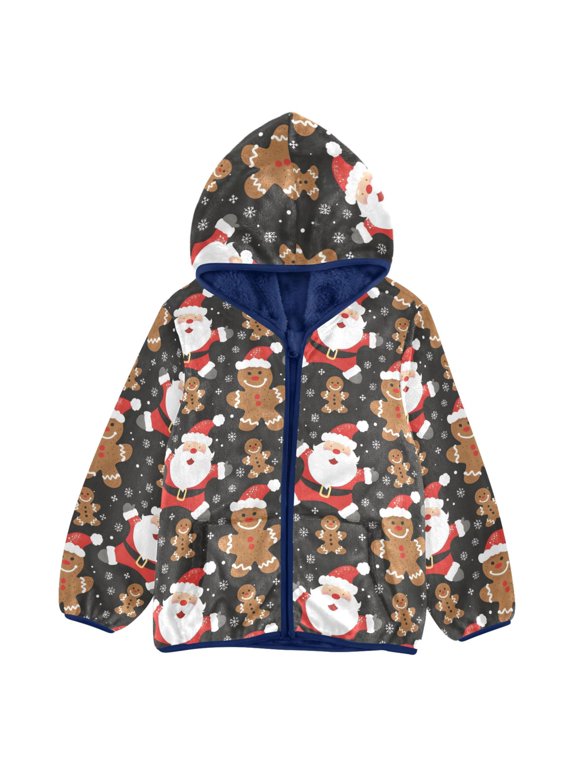 BZSMCE Double-Sided Sherpa Fleece Hooded Zipper Jacket Cookie Man Santa Claus Pattern Pattern Batik Dye Method Print Warm Outerwear