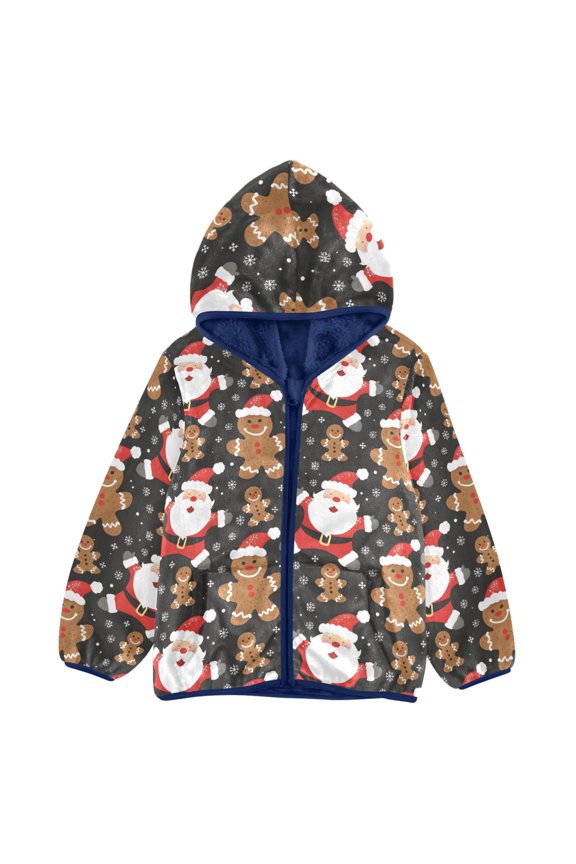 BZSMCE Double-Sided Sherpa Fleece Hooded Zipper Jacket Cookie Man Santa Claus Pattern Pattern Batik Dye Method Print Warm Outerwear