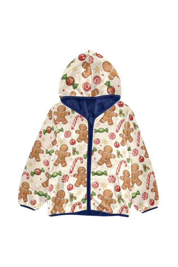 BZSMCE Double-Sided Sherpa Fleece Hooded Zipper Jacket Cookie Man Sugar Pattern Pattern Batik Dye Method Print Warm Outerwear