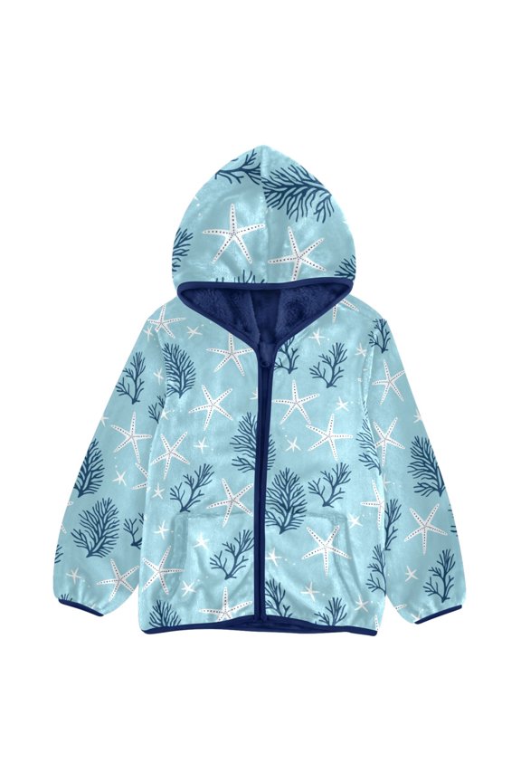 BZSMCE Double-Sided Sherpa Fleece Hooded Zipper Jacket Coral Starfish Pattern Batik Dye Method Print Warm Outerwear