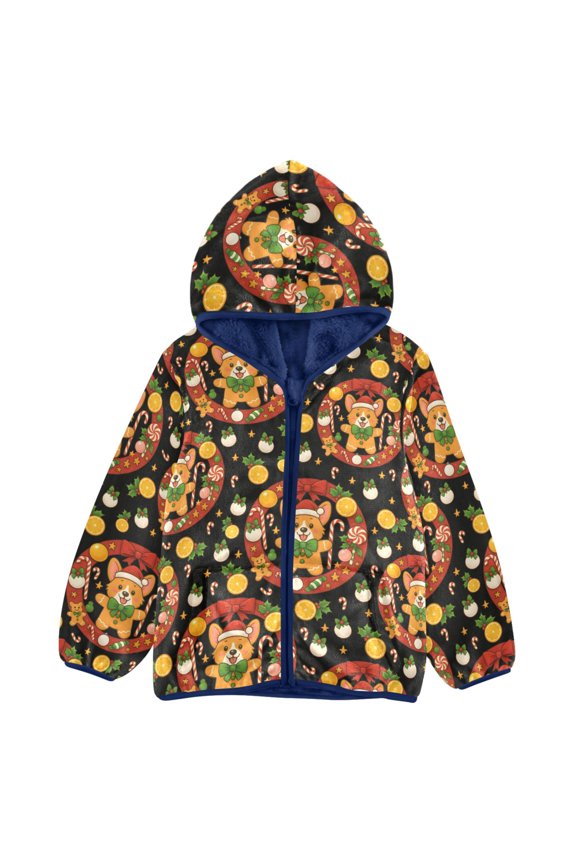 BZSMCE Double-Sided Sherpa Fleece Hooded Zipper Jacket Corgi Lemon Snowball Pattern Pattern Batik Dye Method Print Warm Outerwear