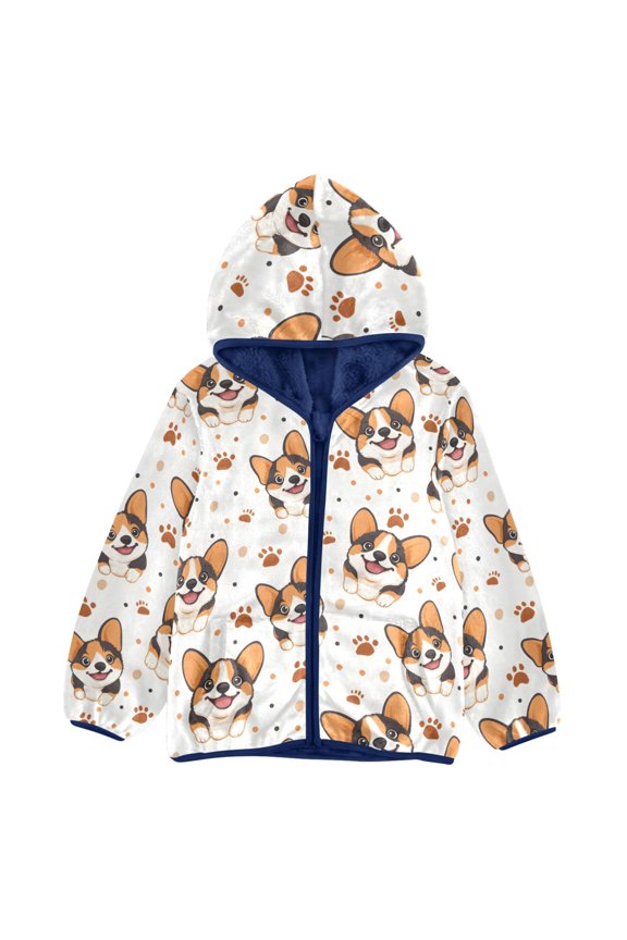 BZSMCE Double-Sided Sherpa Fleece Hooded Zipper Jacket Corgi Paw Prints Pattern Pattern Batik Dye Method Print Warm Outerwear