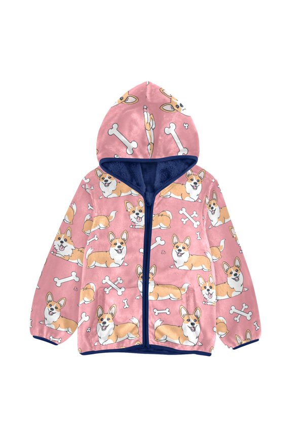 BZSMCE Double-Sided Sherpa Fleece Hooded Zipper Jacket Corgi Pink Background Bones Pattern Pattern Batik Dye Method Print Warm Outerwear