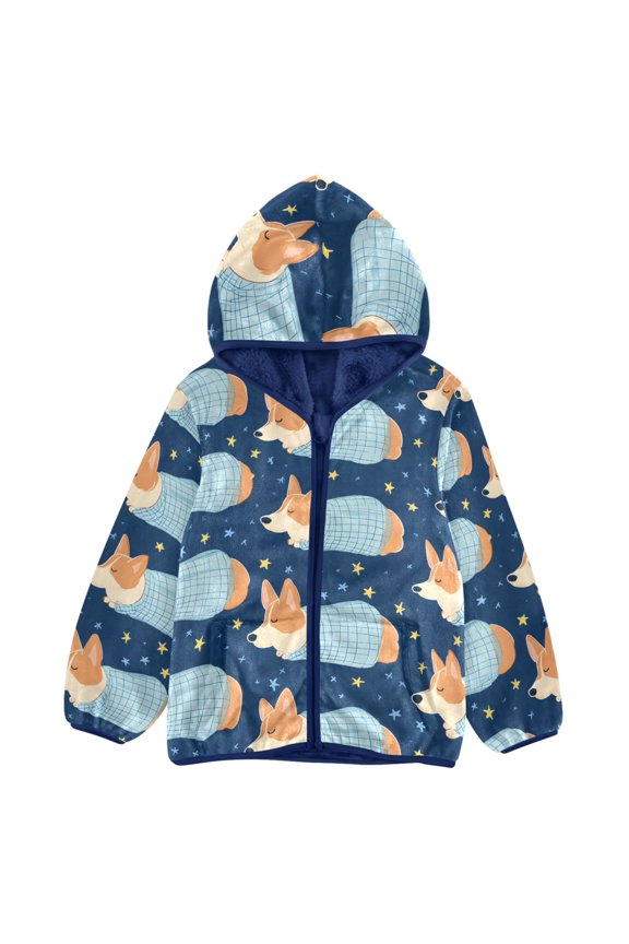BZSMCE Double-Sided Sherpa Fleece Hooded Zipper Jacket Corgi Sleeping Pattern Pattern Batik Dye Method Print Warm Outerwear