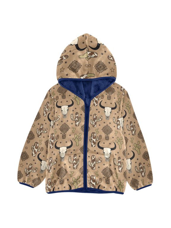 BZSMCE Double-Sided Sherpa Fleece Hooded Zipper Jacket Cow Bone Cactus Pattern Pattern Batik Dye Method Print Warm Outerwear