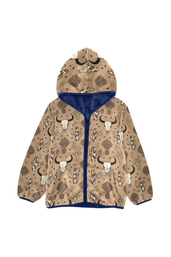 BZSMCE Double-Sided Sherpa Fleece Hooded Zipper Jacket Cow Bone Cactus Pattern Pattern Batik Dye Method Print Warm Outerwear