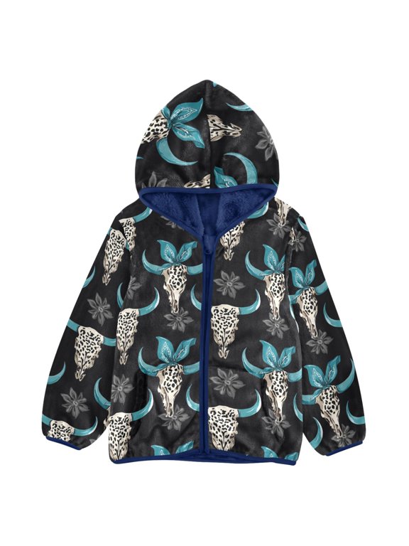 BZSMCE Double-Sided Sherpa Fleece Hooded Zipper Jacket Cow Skull Leopard Bow Pattern Batik Dye Method Print Warm Outerwear
