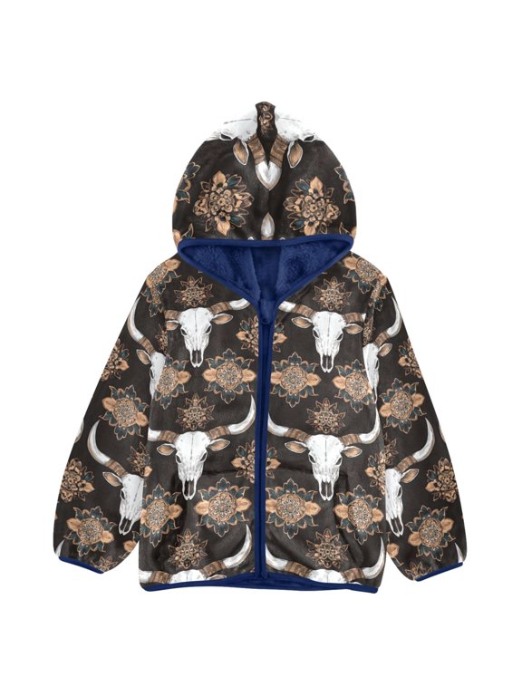 BZSMCE Double-Sided Sherpa Fleece Hooded Zipper Jacket Cow Skull Pattern Batik Dye Method Print Warm Outerwear