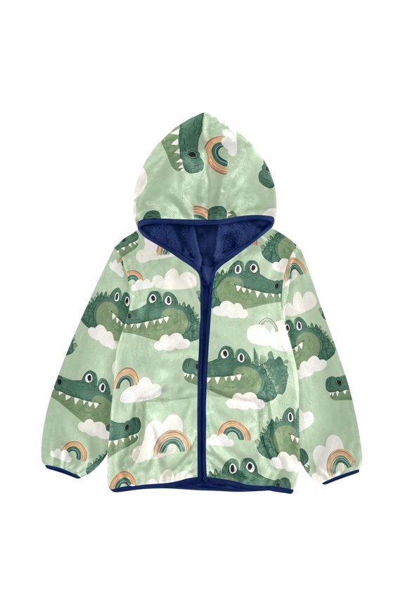 BZSMCE Double-Sided Sherpa Fleece Hooded Zipper Jacket Crocodile Rainbow Cloud Pattern Pattern Batik Dye Method Print Warm Outerwear