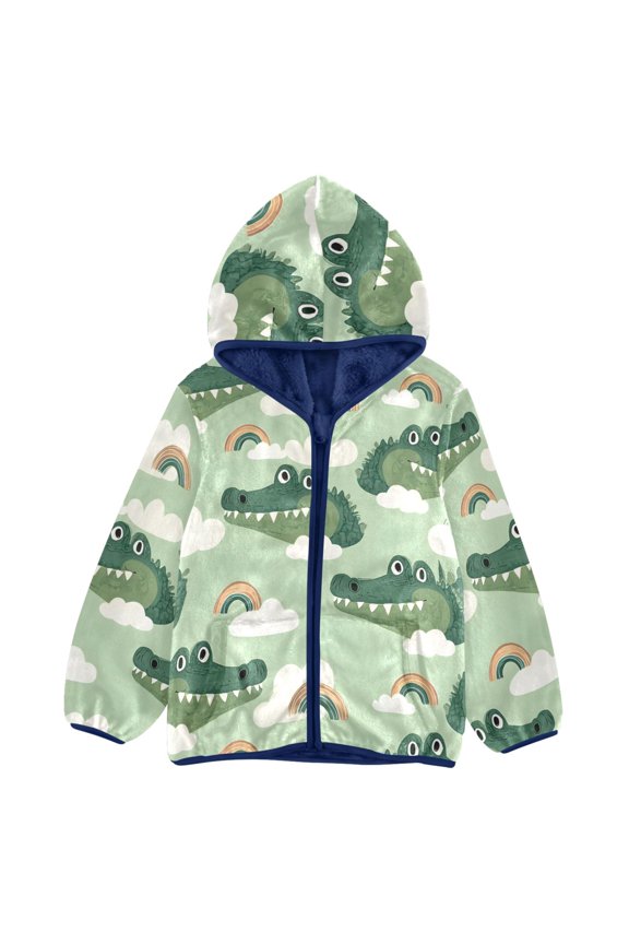 BZSMCE Double-Sided Sherpa Fleece Hooded Zipper Jacket Crocodile Rainbow Cloud Pattern Pattern Batik Dye Method Print Warm Outerwear