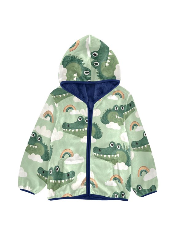BZSMCE Double-Sided Sherpa Fleece Hooded Zipper Jacket Crocodile Rainbow Cloud Pattern Pattern Batik Dye Method Print Warm Outerwear