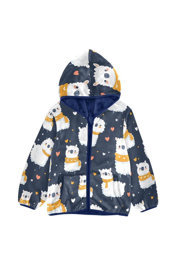 BZSMCE Double-Sided Sherpa Fleece Hooded Zipper Jacket Cute Alpaca Pattern Pattern Batik Dye Method Print Warm Outerwear