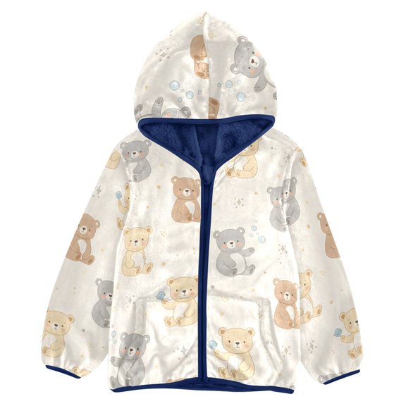 BZSMCE Double-Sided Sherpa Fleece Hooded Zipper Jacket Cute Bear Pattern Pattern Batik Dye Method Print Warm Outerwear
