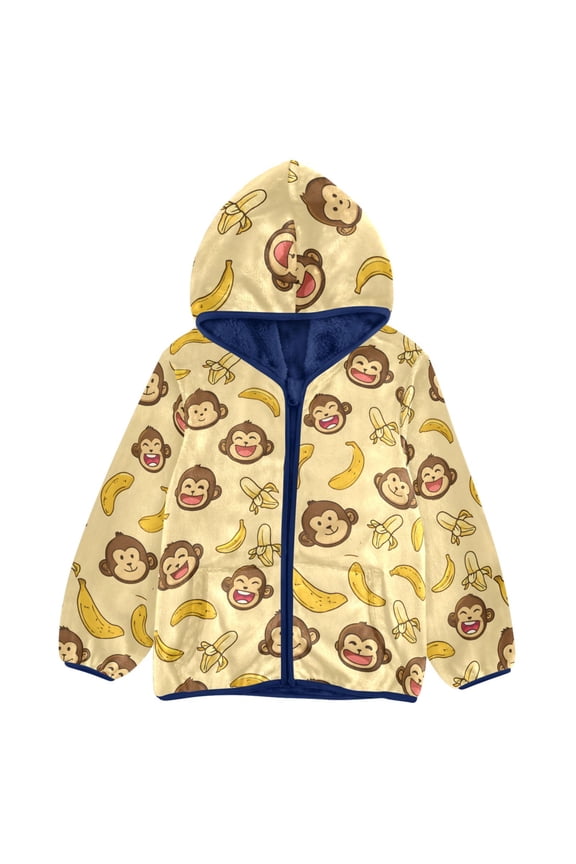 BZSMCE Double-Sided Sherpa Fleece Hooded Zipper Jacket Cute Monkey Pattern Pattern Batik Dye Method Print Warm Outerwear