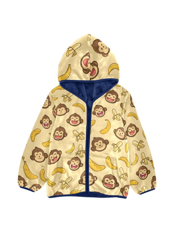 BZSMCE Double-Sided Sherpa Fleece Hooded Zipper Jacket Cute Monkey Pattern Pattern Batik Dye Method Print Warm Outerwear