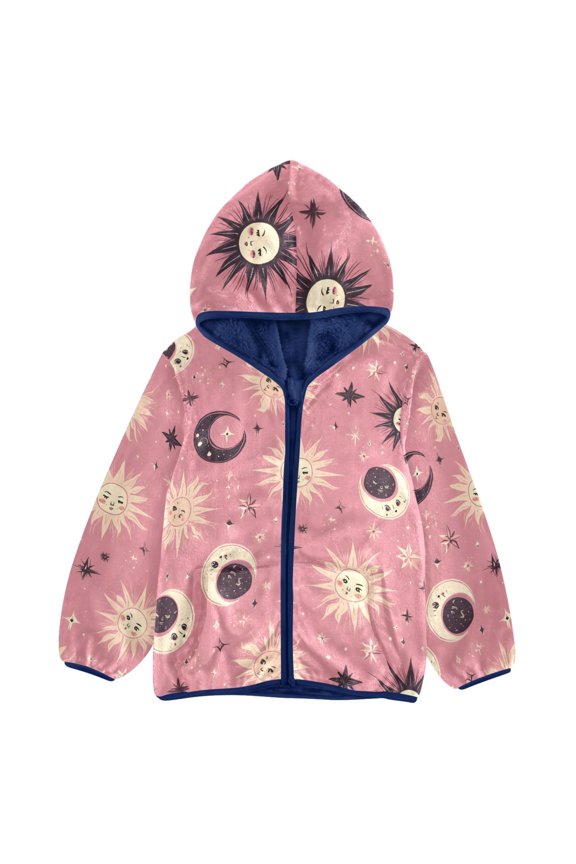 BZSMCE Double-Sided Sherpa Fleece Hooded Zipper Jacket Cute Moon Sun Pattern Pattern Batik Dye Method Print Warm Outerwear
