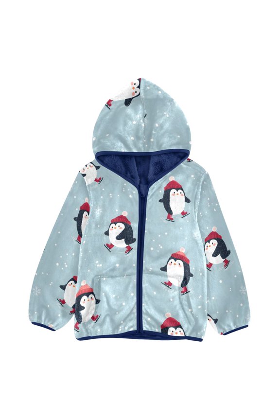 BZSMCE Double-Sided Sherpa Fleece Hooded Zipper Jacket Cute Penguin Skating Pattern Pattern Batik Dye Method Print Warm Outerwear