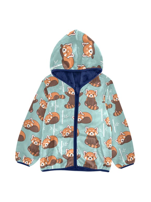 BZSMCE Double-Sided Sherpa Fleece Hooded Zipper Jacket Cute Red Panda Pattern Batik Dye Method Print Warm Outerwear