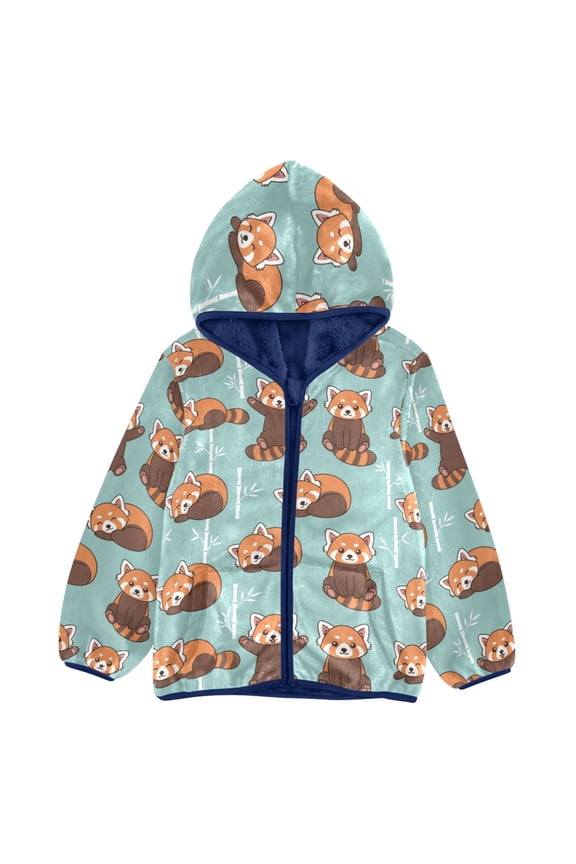 BZSMCE Double-Sided Sherpa Fleece Hooded Zipper Jacket Cute Red Panda Pattern Batik Dye Method Print Warm Outerwear