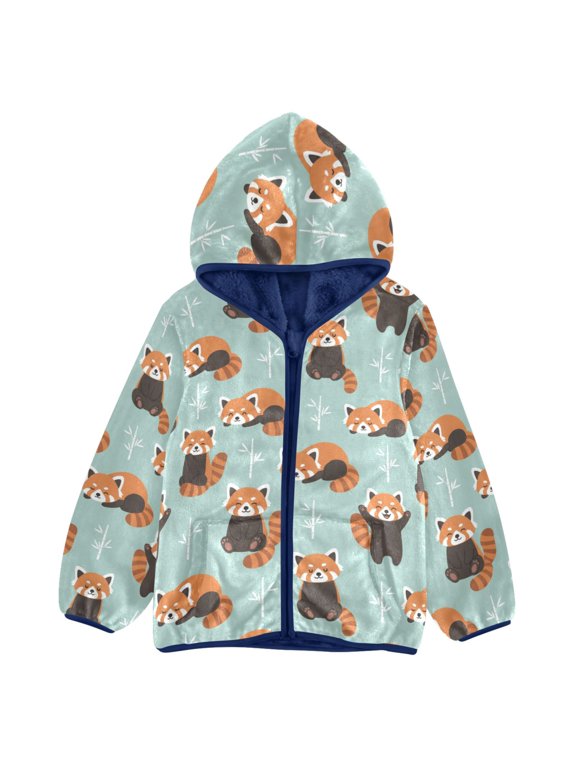 BZSMCE Double-Sided Sherpa Fleece Hooded Zipper Jacket Cute Red Panda Pattern Batik Dye Method Print Warm Outerwear
