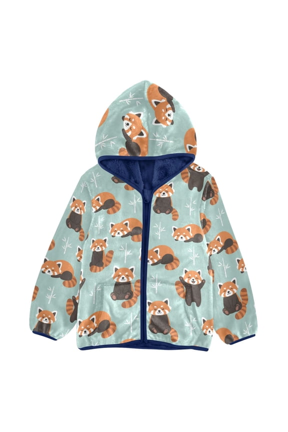 BZSMCE Double-Sided Sherpa Fleece Hooded Zipper Jacket Cute Red Panda Pattern Batik Dye Method Print Warm Outerwear