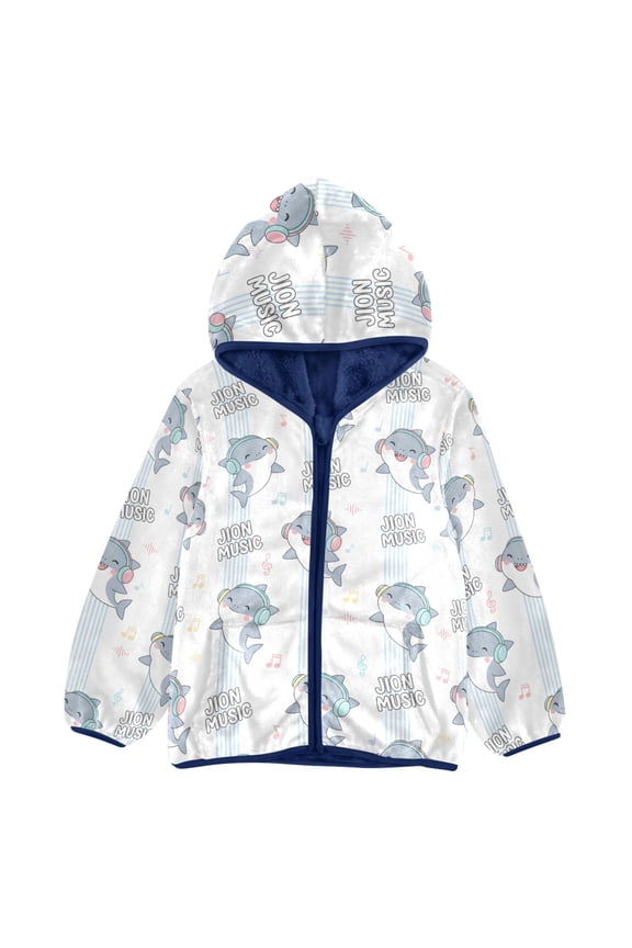 BZSMCE Double-Sided Sherpa Fleece Hooded Zipper Jacket Cute Shark Pattern Batik Dye Method Print Warm Outerwear
