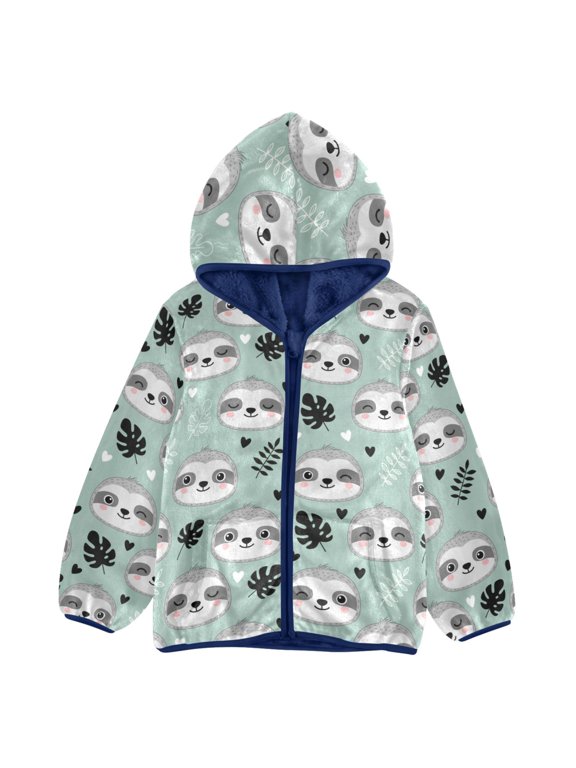 BZSMCE Double-Sided Sherpa Fleece Hooded Zipper Jacket Cute Sloths Pattern Batik Dye Method Print Warm Outerwear