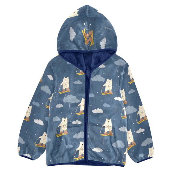 BZSMCE Double-Sided Sherpa Fleece Hooded Zipper Jacket Cute White Bear Skiing Pattern Pattern Batik Dye Method Print Warm Outerwear