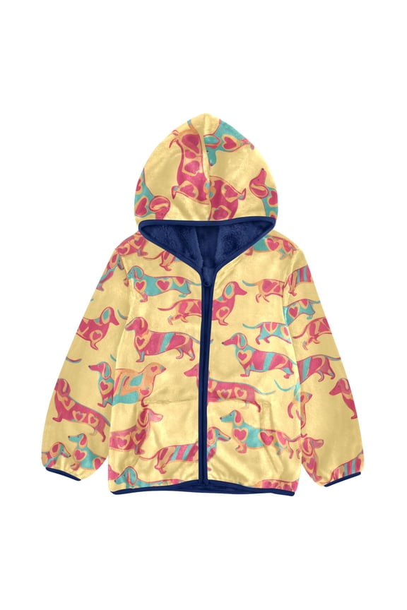 BZSMCE Double-Sided Sherpa Fleece Hooded Zipper Jacket Dachshund Pattern Pattern Batik Dye Method Print Warm Outerwear