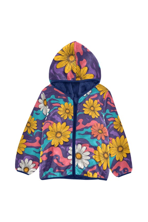BZSMCE Double-Sided Sherpa Fleece Hooded Zipper Jacket Daisy Flowers Pattern Pattern Batik Dye Method Print Warm Outerwear