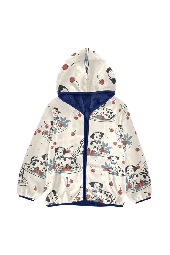 BZSMCE Double-Sided Sherpa Fleece Hooded Zipper Jacket Dalmatian Cherry Plate Pattern Pattern Batik Dye Method Print Warm Outerwear