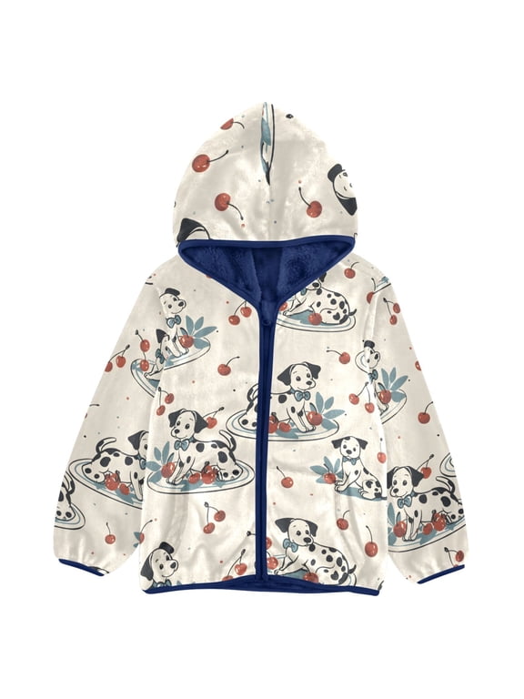 BZSMCE Double-Sided Sherpa Fleece Hooded Zipper Jacket Dalmatian Cherry Plate Pattern Pattern Batik Dye Method Print Warm Outerwear