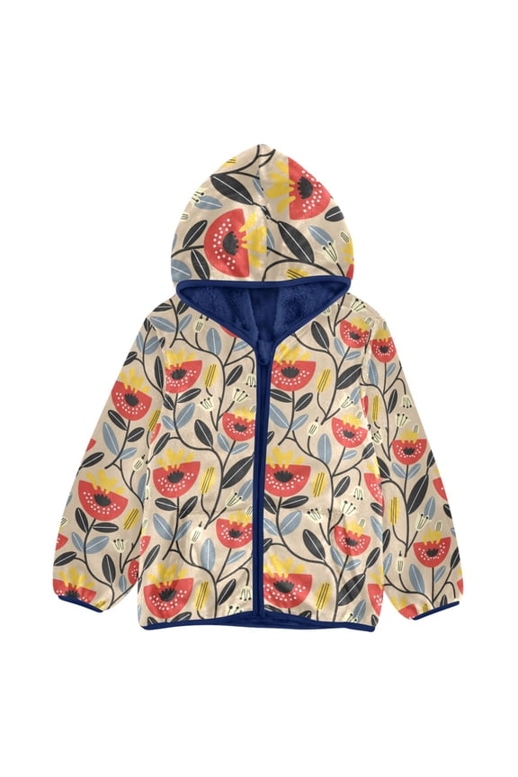 BZSMCE Double-Sided Sherpa Fleece Hooded Zipper Jacket Danish Flower Design Pattern Batik Dye Method Print Warm Outerwear