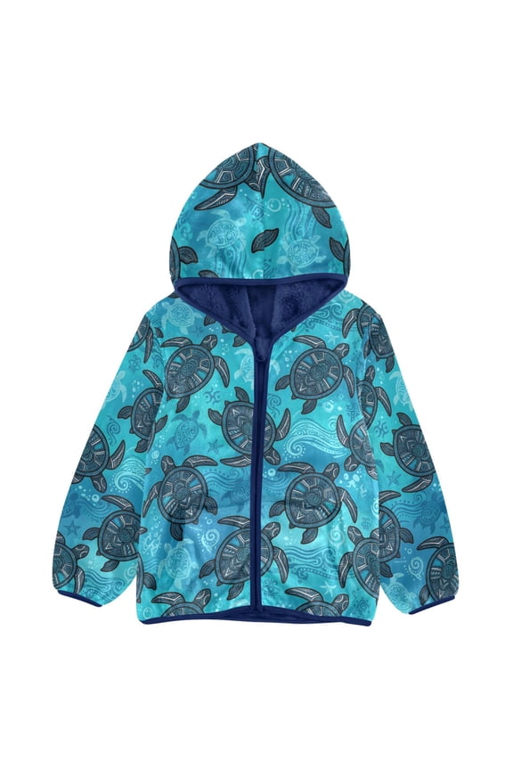 BZSMCE Double-Sided Sherpa Fleece Hooded Zipper Jacket Deep Blue Turtle Pattern Pattern Batik Dye Method Print Warm Outerwear