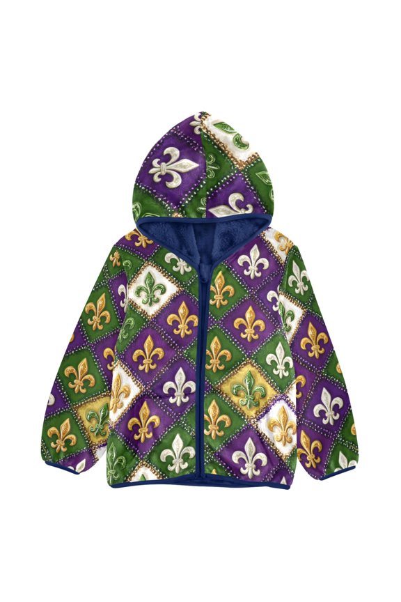 BZSMCE Double-Sided Sherpa Fleece Hooded Zipper Jacket Delicate Iris Pattern Batik Dye Method Print Warm Outerwear