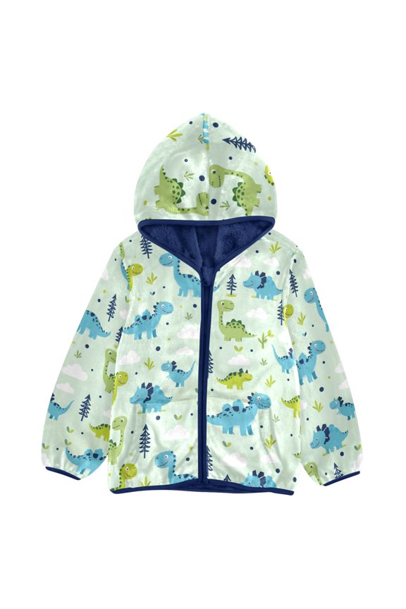 BZSMCE Double-Sided Sherpa Fleece Hooded Zipper Jacket Dinosaur Clouds Grass Cartoon Pattern Pattern Batik Dye Method Print Warm Outerwear