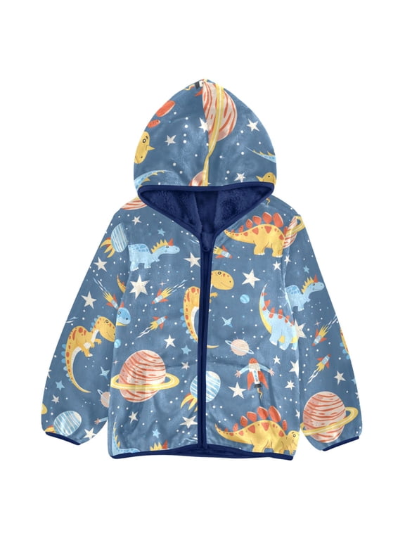 BZSMCE Double-Sided Sherpa Fleece Hooded Zipper Jacket Dinosaur Rocket Planet Pattern Pattern Batik Dye Method Print Warm Outerwear