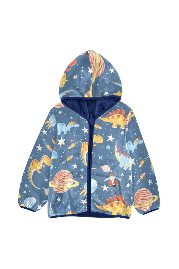 BZSMCE Double-Sided Sherpa Fleece Hooded Zipper Jacket Dinosaur Rocket Planet Pattern Pattern Batik Dye Method Print Warm Outerwear