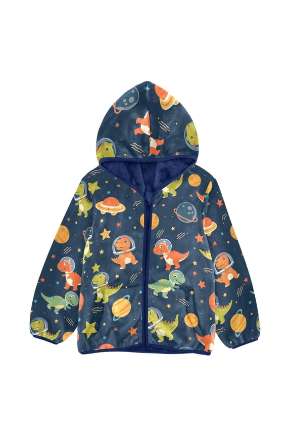 BZSMCE Double-Sided Sherpa Fleece Hooded Zipper Jacket Dinosaur Stars Planet Space Pattern Pattern Batik Dye Method Print Warm Outerwear