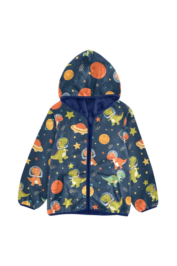 BZSMCE Double-Sided Sherpa Fleece Hooded Zipper Jacket Dinosaur Stars Planet Space Pattern Pattern Batik Dye Method Print Warm Outerwear