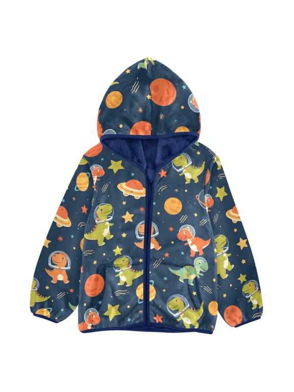 BZSMCE Double-Sided Sherpa Fleece Hooded Zipper Jacket Dinosaur Stars Planet Space Pattern Pattern Batik Dye Method Print Warm Outerwear