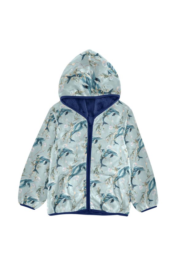 BZSMCE Double-Sided Sherpa Fleece Hooded Zipper Jacket Dolphin Bubble Pattern Pattern Batik Dye Method Print Warm Outerwear